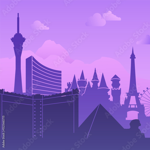 A stunning illustration of the Las Vegas skyline showcasing its famous landmarks and attractions