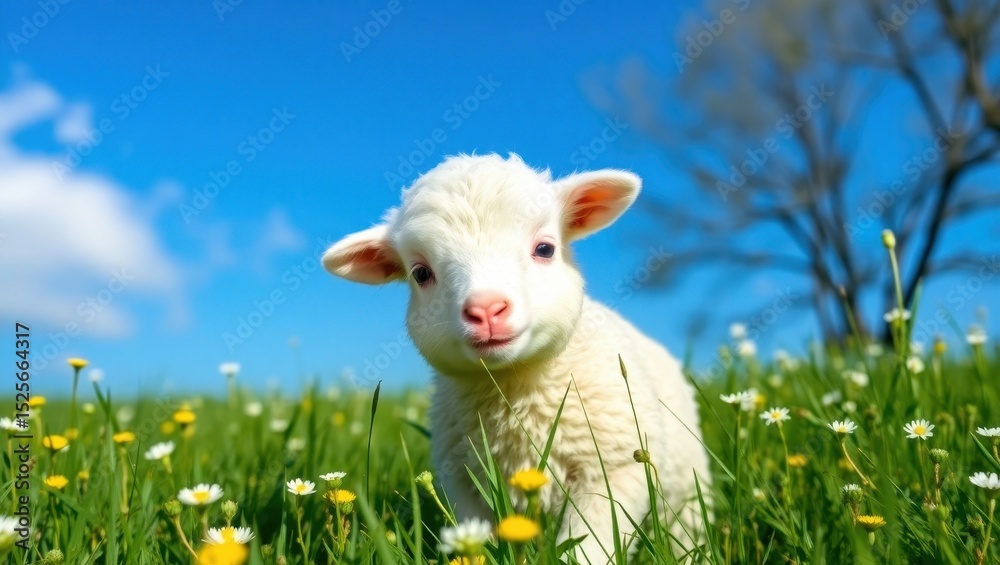 Obraz premium Adorable Baby Lamb in a Field of Flowers on a Sunny Day