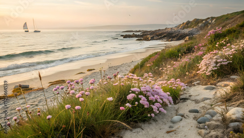 A dreamy coastal scene where delicate wildflowers bloom along the edge of a windswept sandy beach