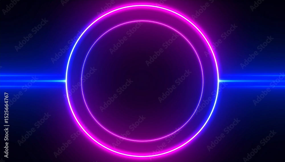 Obraz premium Glowing neon circle in vibrant pink and blue colors against a black background, radiating a modern and futuristic vibe.