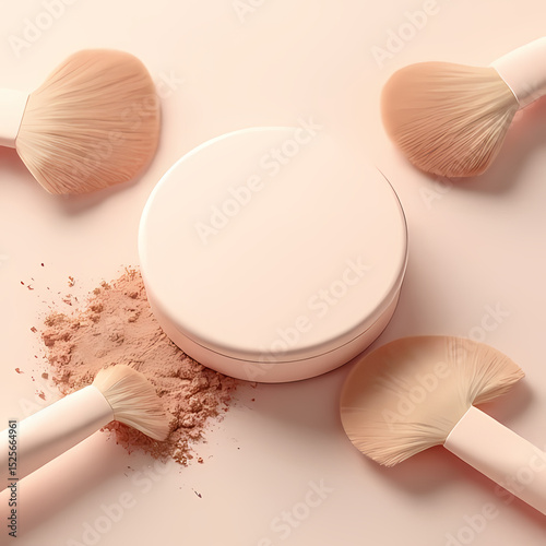 Flat Lay of Cream Cosmetic Powder Case with Skin-Colored Dust

