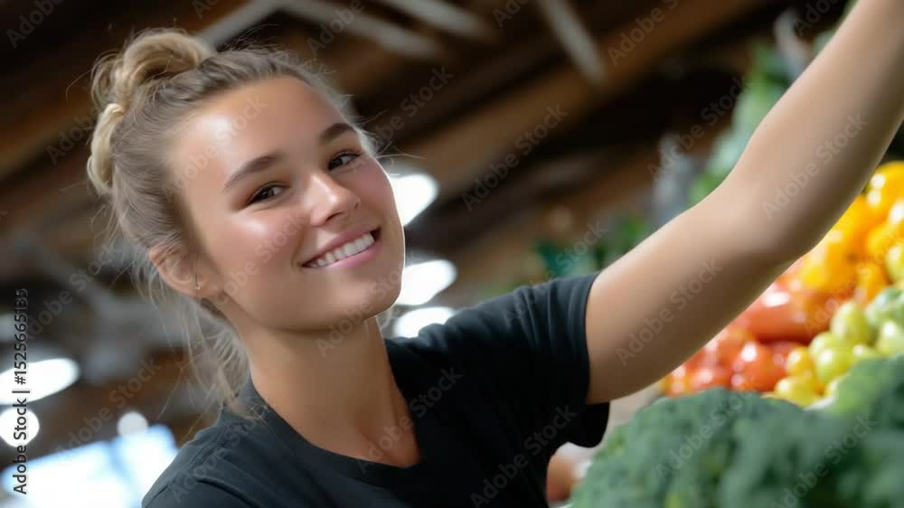 Dedicated worker adjusting produce section sign