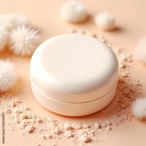 Flat Lay of Cream Cosmetic Powder Case with Skin-Colored Dust

