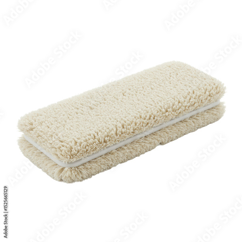Meticulously detailed light-colored microfiber duster head with a durable plastic base, isolated on a transparent seamless background, ultra-realistic commercial product photography concept for