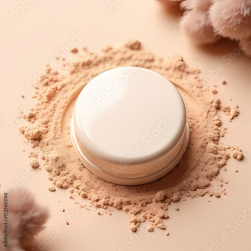 Flat Lay of Cream Cosmetic Powder Case with Skin-Colored Dust

