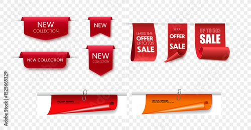 Red blank tape banner for advertising promotion, sale text, heading, title decoration, badge, emblem, frame