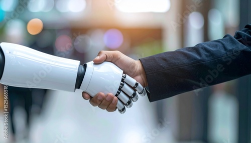 A human hand shakes the hand of a robot