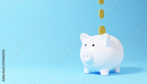 White piggy bank with falling coins against blue background representing savings and financial growth, symbolizing money management, investment, and budgeting concepts