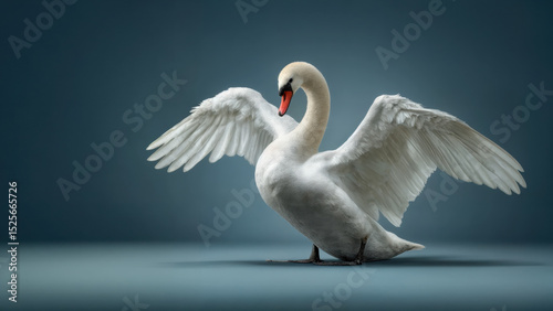 A graceful white swan elegantly displays its wings against a muted blue backdrop. The image captures the bird's serene beauty and refined posture.