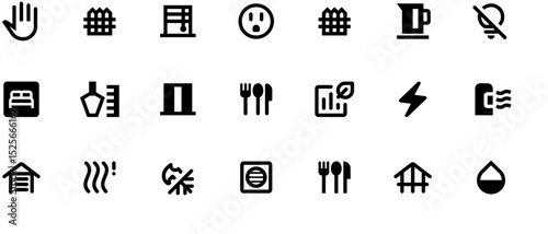 Home security icons: cameras, smoke alarms, keys, locks, and lightning bolts. Black and white, flat vector, clean layout with space on right.