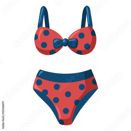 Red bikini swimsuit with dark blue polka dots and bow accents. Cartoon vector illustration on white background