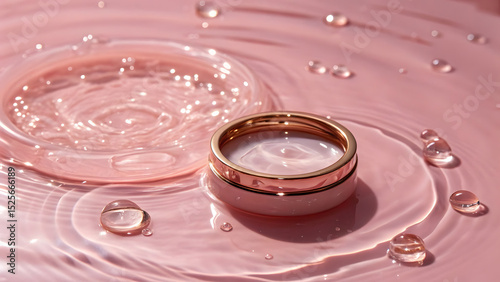 A perfect rose gold metallic circle floats serenely on the surface of a glossy, pastel pink liquid, creating mesmerizing ripples