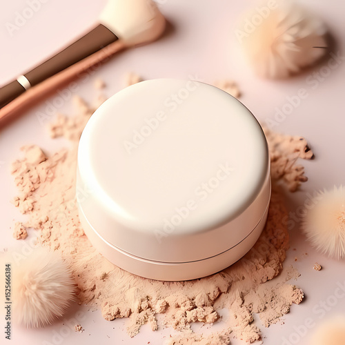 Minimalist Cream Makeup Jar Surrounded by Skin-Toned Powder

