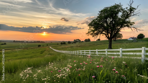 A tranquil sunset scene unfolds over a vast, rolling green field, bathed in the golden glow of the setting sun