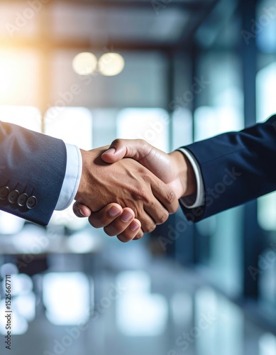 Professional handshake between two businesspeople in formal suits in bright modern office with large and natural light, symbolizing agreement and partnership