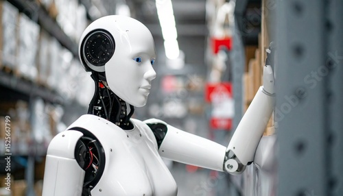 Wallpaper Mural A humanoid robot working in a warehouse, carefully selecting items from a shelf. The robot's design is sleek and modern, reflecting advanced technology Torontodigital.ca