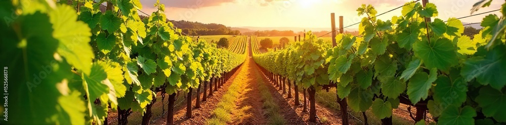 Obraz premium Sun-drenched rows of grapevines stretching to the horizon, lush green leaves and ripening grapes in a picturesque vineyard Perfect for wine, agriculture, and travel themes , wine, vineyard rows
