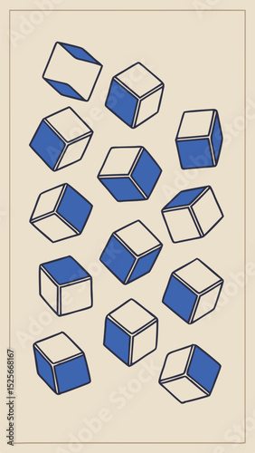 Hand-drawn abstract pattern of blue and white geometric cubes on a transparent background