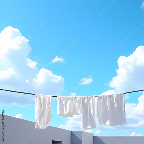 Simple Life: White Fabrics Hanging in rooftop Under the Sky

