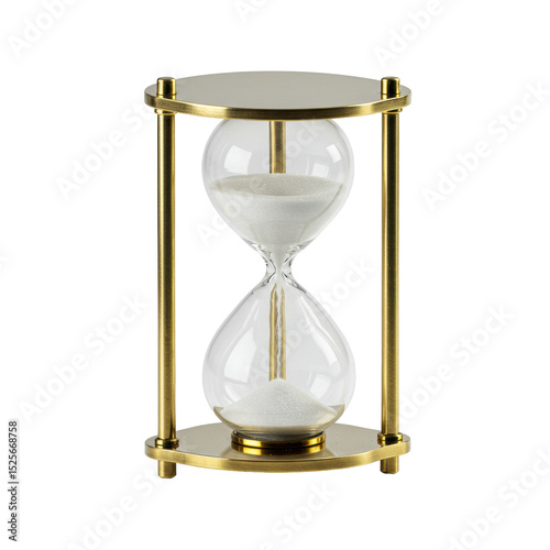 Small, intricate decorative hourglass with polished metallic frame and clear glass bulbs, transparent sand flowing, on a transparent seamless background under shadowless studio lighting, concept of