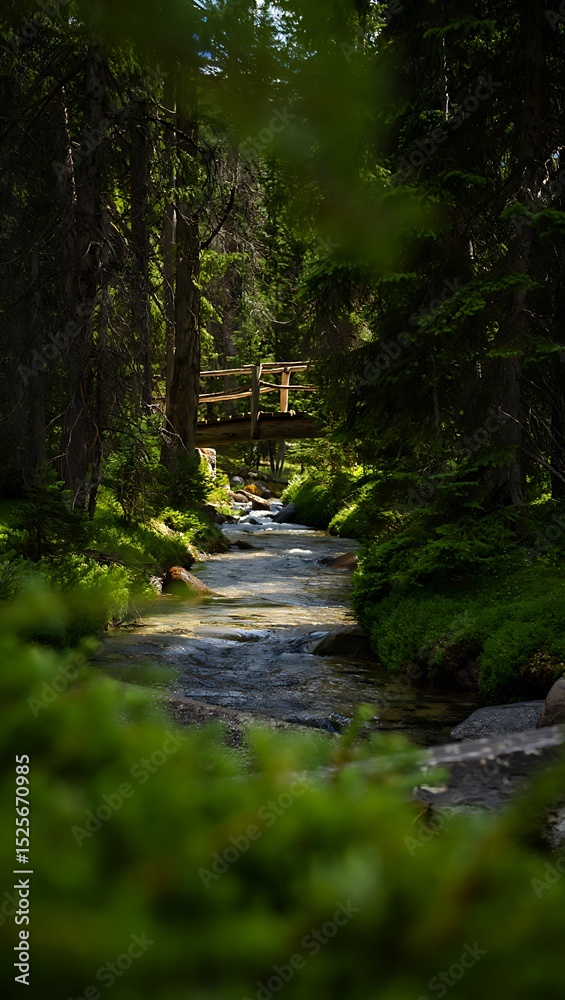 Obraz premium Serene Forest Stream Picturesque Nature Photography of a Mossy Creek and Wooden Bridge