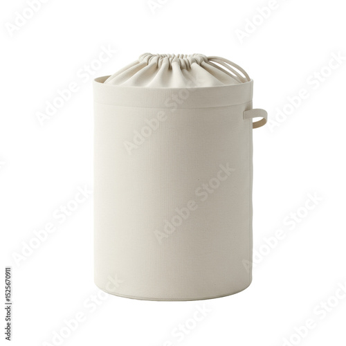 Pristine, empty, self-standing, round canvas toy storage bag with visible drawstring and tactile texture, isolated on a transparent seamless background with no shadows, commercial product presentation