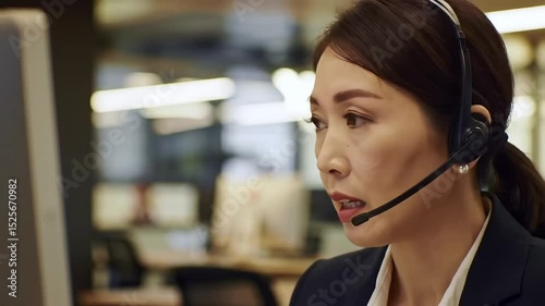 Attentive Professional: A focused business woman, donned in a headset, navigates the complexities of her role.