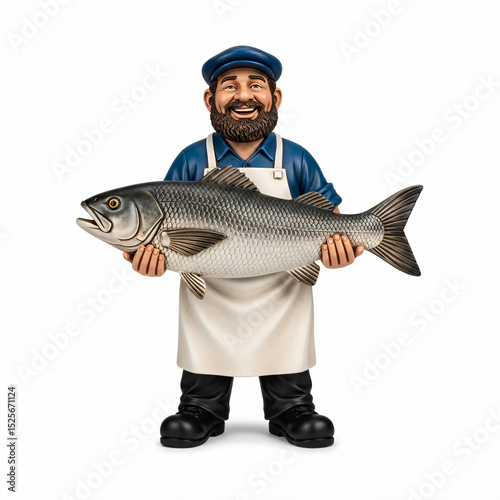 A figurine of a smiling fisherman in a blue cap holding a large fish.