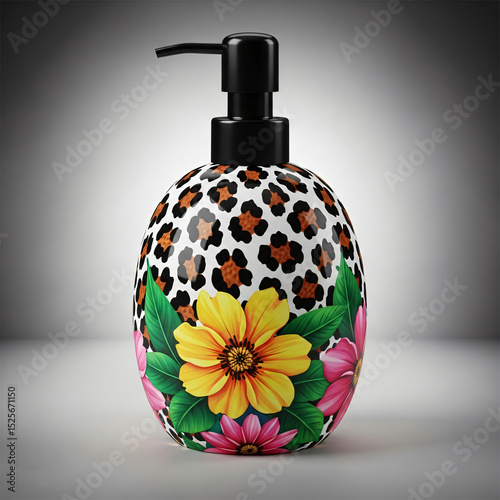 A decorative soap dispenser with leopard print and colorful floral design.