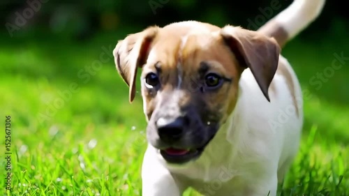 Playful puppy's day out: An adorable puppy frolics joyfully across a vibrant green lawn, capturing the innocent glee and unbound energy of youth, bathed in soft sunlight.