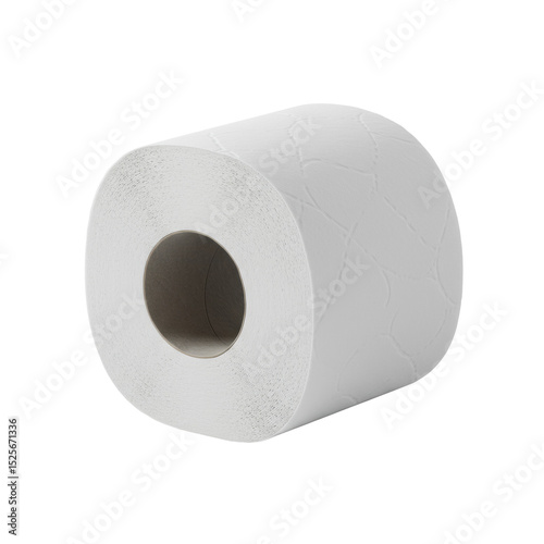A clean white toilet paper roll with visible texture and a hollow cardboard core, perfectly cylindrical, isolated on a seamless transparent background with shadowless studio lighting. Concept for