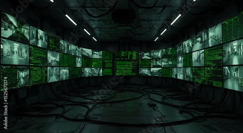 Matrix-style surveillance room with dozens of screens showing security footage and green code overlays