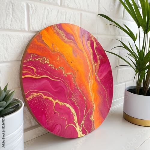 Vibrant Fuchsia and Neon Orange Marbled Art with Gold Accents