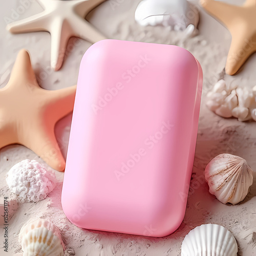 Pink Soap Dish with Tropical Summer Beach Background

