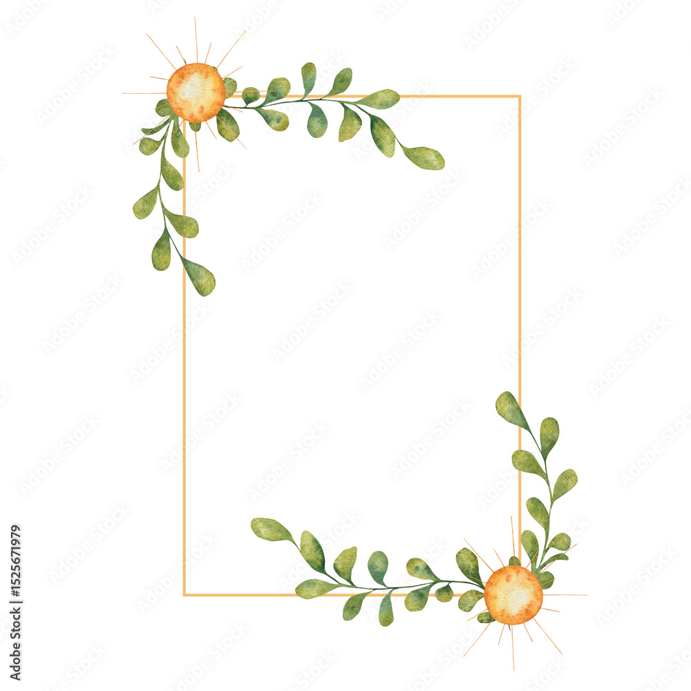 Obraz premium Square frame made of green branches and yellow sun in the corners. 