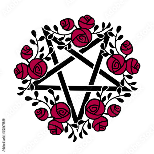 Pentagram decorated with roses on a white background