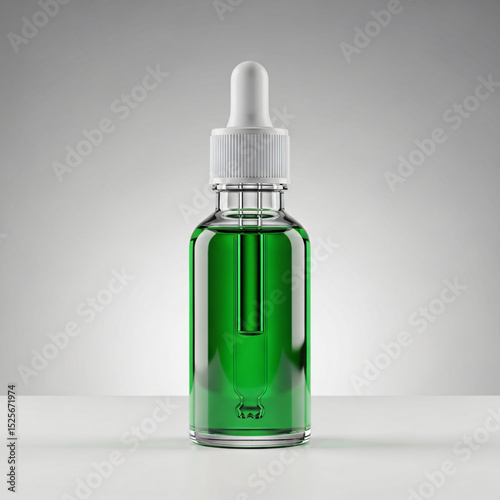 Glass dropper bottle with green liquid and white cap against a gray background.