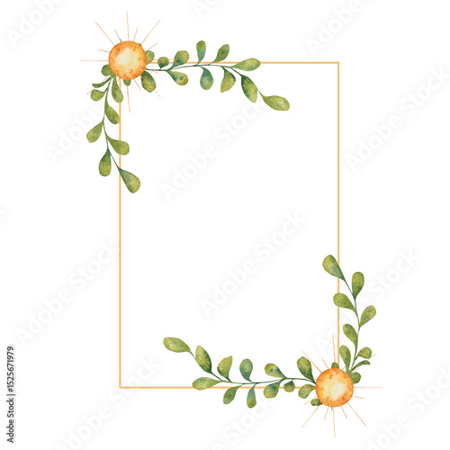 Square frame made of green branches and yellow sun in the corners. 