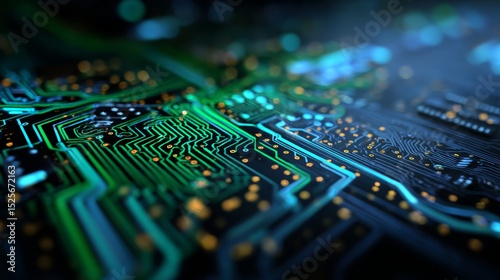 Circuit board with glowing blue green lines