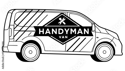 A vehicle wrap design for a handyman van, using the full logo with the house and tools in the center of the side panel, set against a matte black van body, with accent stripes in teal, orange, and yel