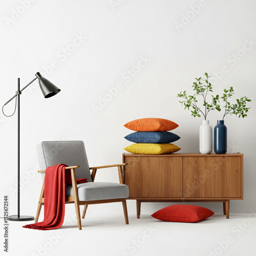 Modern living space with gray armchair, black floor lamp, wooden cabinet, colorful cushions, and vases with greenery.