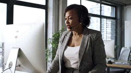 Office Teleconference: A dedicated professional, headset in place, immersed in a video call, radiating focus and expertise within a modern workspace. 