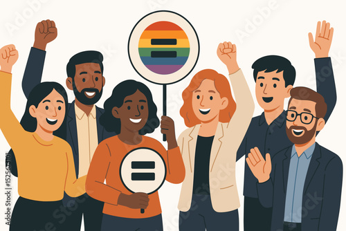 Workplace diversity, equality, inclusion concept. Diverse team celebrating LGBTQ pride with rainbow flag, equal sign. Colleagues show unity, support. Human rights activism, community, protest.