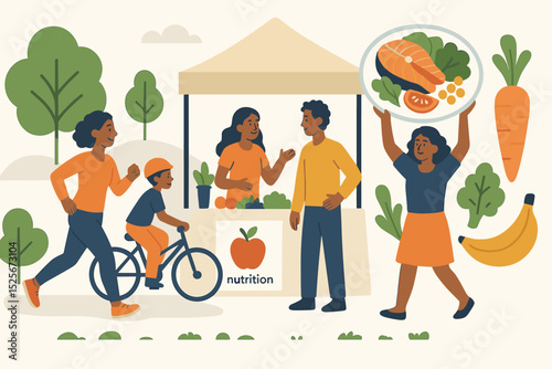 Healthy lifestyle fair illustration. Diverse people enjoying outdoor activities, exercise, and fresh food at community market. Nutrition, wellness, and family wellbeing concept. Vector graphic.