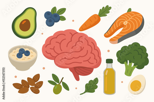 Brain boosting foods. Healthy diet for cognitive function, memory, focus. Superfoods: salmon, avocado, blueberries, nuts, eggs, broccoli, greens. Mental clarity. Wellness. Nutrition. Vector set.