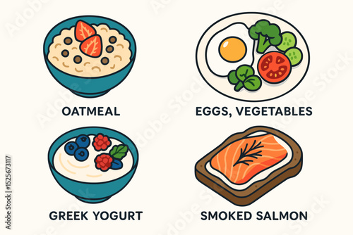 Healthy breakfast vector icon collection. Energizing food concepts. Oatmeal with fruit, eggs & vegetables, Greek yogurt & berries, smoked salmon toast. Nutrition, diet, healthy eating.
