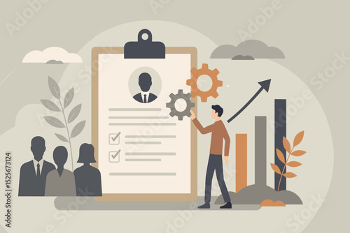 Strategic HR Optimization with personnel management, workforce planning, talent acquisition, performance review, and employee development. Business growth and efficiency concept vector illustration.