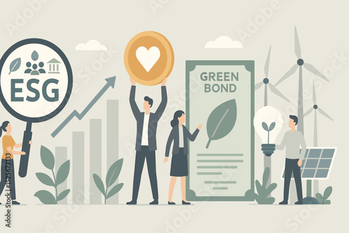 Sustainable investing concept. ESG criteria for environmental, social, governance analysis. Green bond for renewable energy, solar panels, wind turbines. Ethical finance growth. Eco future.