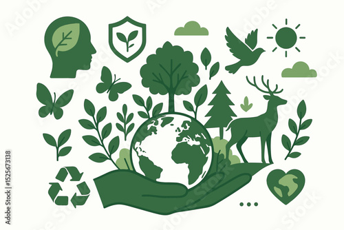 Biodiversity protection and environmental awareness concept. Green ecology icons set with Earth globe in hands, wildlife, trees, and recycle symbol. Nature conservation and sustainability vector.