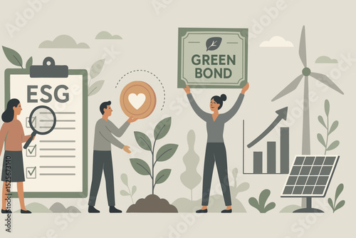 ESG sustainable investing concept. Green bonds, renewable energy, solar power, wind turbine. Ethical finance, corporate social responsibility, financial growth, environmental impact.